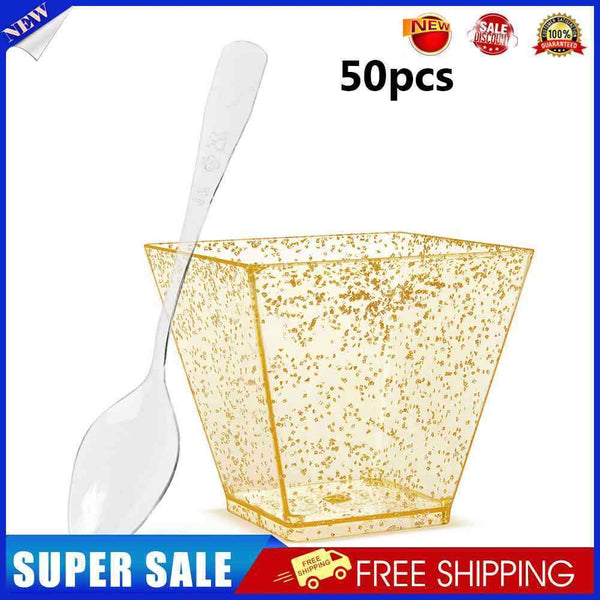 50pcs Dessert Cup Golden Dot Cake Cup with Spoon Set for Jelly Mousse Ice C