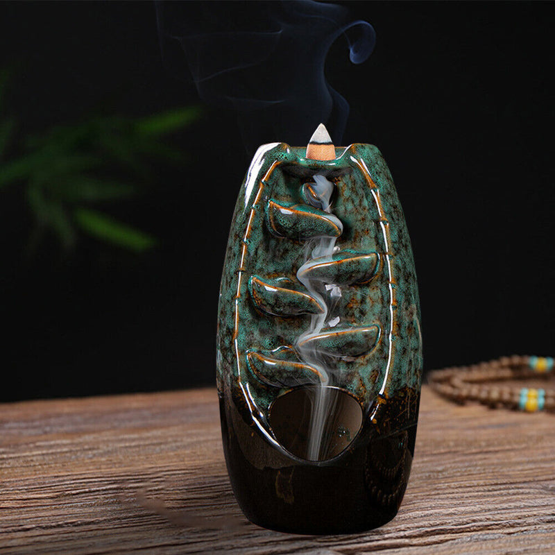 Incense Holder Ceramic Backflow Waterfall Incense Burner with 50 Cones (D) Newly