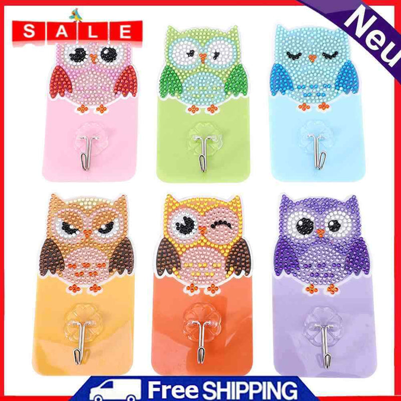 6pcs DIY Hanging Hooks Owl Bird Crystal Round Drill Diamond Painting Hooks Kit