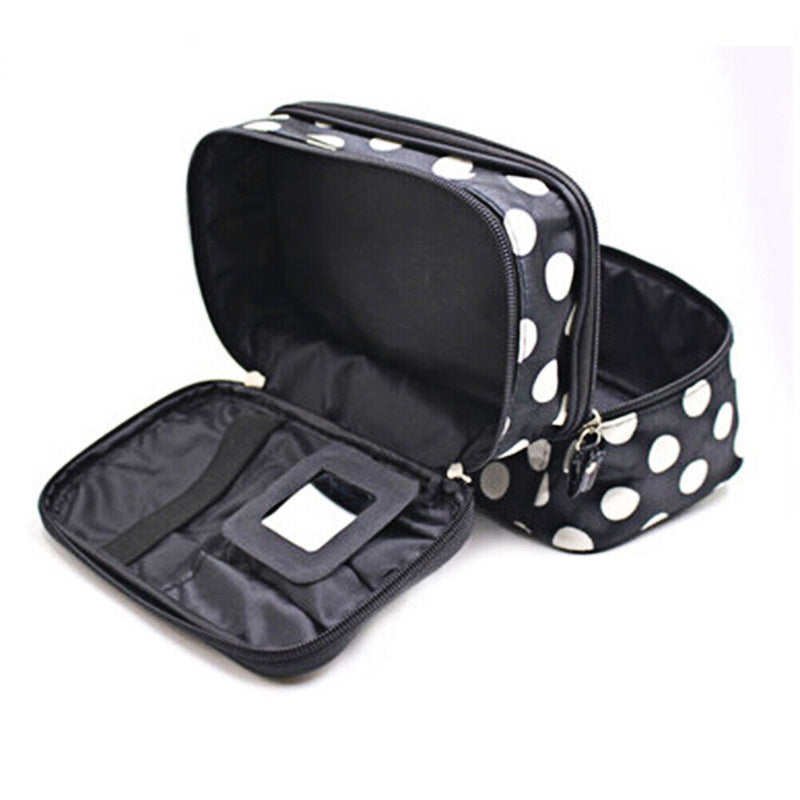 Double Layer Cosmetic Bag Travel Makeup Storage Case (Black+White Dot) Newly
