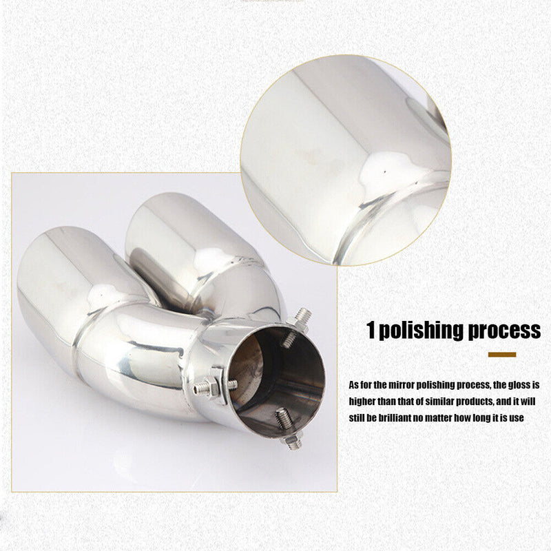 Stainless Steel Bent Dual Exhaust Tip Bolt-on Rolled Edge Slant Cut 76mm In