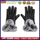 Women Rabbit Fur Ball PU Leather Gloves Winter Mitten Grid Gloves (Black)