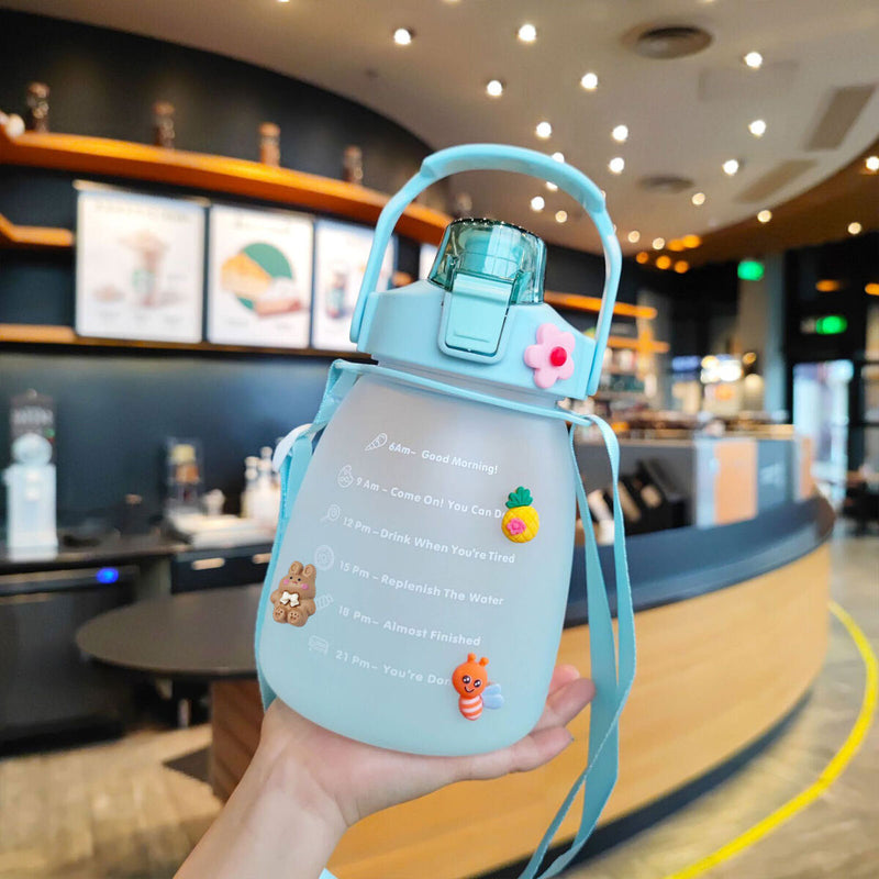 Water Bottle - Cute Belly Bottles Water Jug with Time Marker 1.3L (Green) Newly