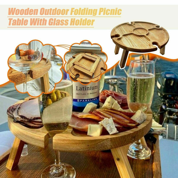 Wooden Outdoor Folding Picnic-Table With Glass Holder Glass Wine 2 1 R9I3 M5D1