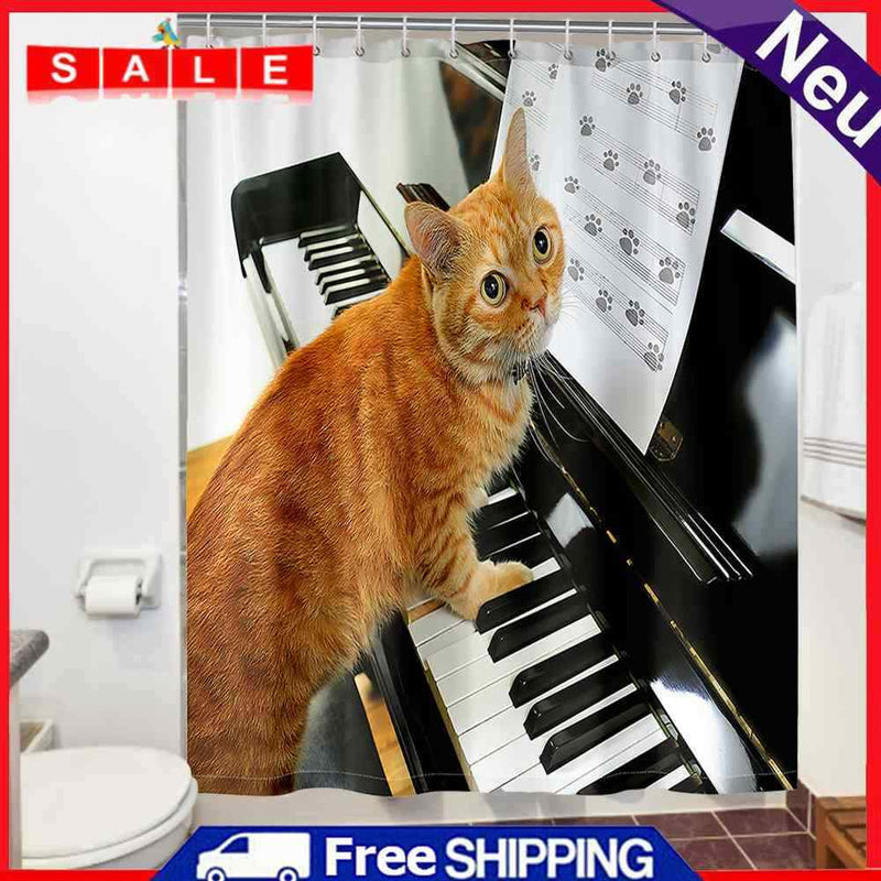 Cat Playing Piano Shower Curtain Anti Splash Bathroom Curtain Hanging Covers