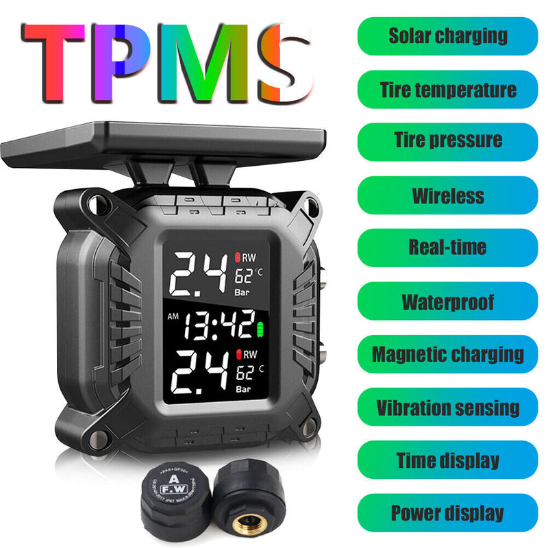 Solar Motorcycle TPMS Tire Pressure Monitoring System with 2 External Sensors