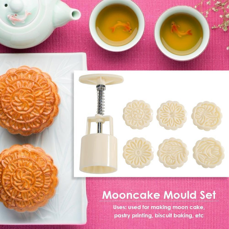 7pcs Stamps Round Mooncake Mould Hand Pressed Cake Decor Kitchen DIY Baking