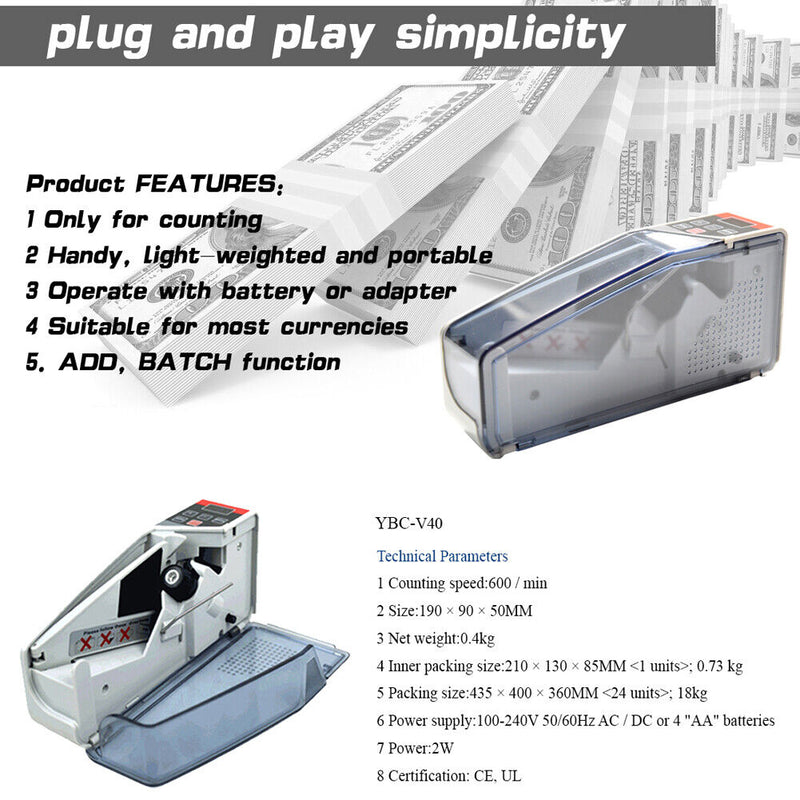 V40 Portable Mini Cash Count Money Currency Counter Counting All Bill EU