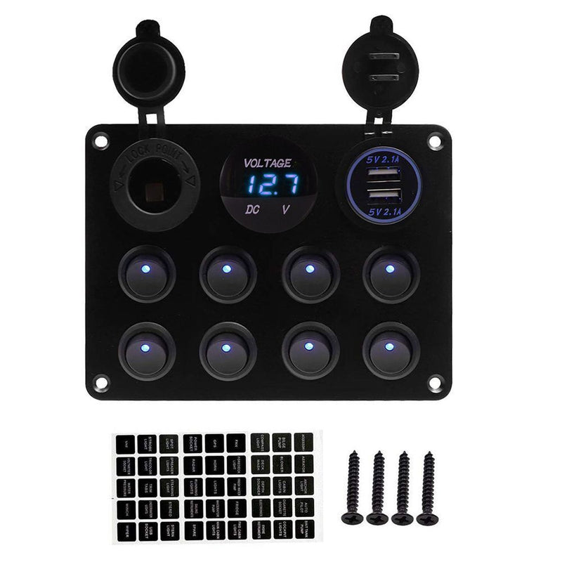 Waterproof Circuit Breaker 8 Gang 12V/24V LED Rocker Switch Panel Dual USB Port
