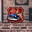 Sexy Car Lady Metal Tin Sign for Bar Pub Decorative Iron Painting Shield Shape