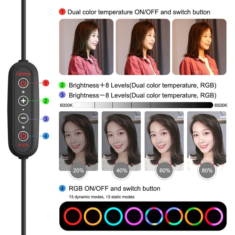 Dimmable Vlogging 10.2 inch 26cm RGBWW Selfie Lamp Ring Video Light Kit