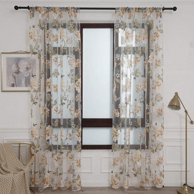Peony Tulle Curtains for Living Room Floral Window Sheer Curtain (Yellow)