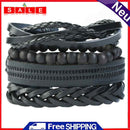 4pcs Retro Weave Leather Handmade Beads Bangles Birthday Jewelry Unisex Bracelet