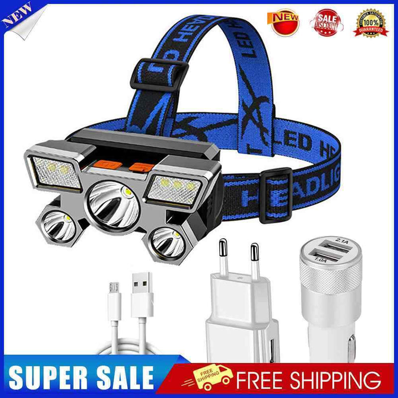 Fishing Headlamp USB Rechargeable Headlight + Car Charger EU Power Adapter