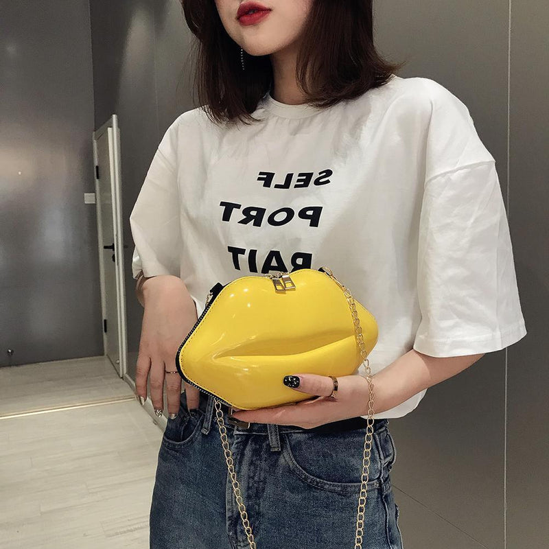 Lips Women PVC Handbags Chain Messenger Bags Shoulder Party Clutch (Yellow)