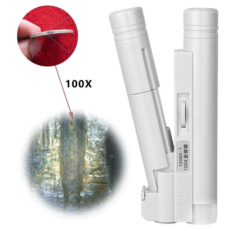 100X Pocket LED Microscope Lamp Light Jewelry Magnifier with Leather Case