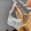 Women Canvas Pleated Armpit Bag Heart Pattern Casual Dumpling Bag (White)