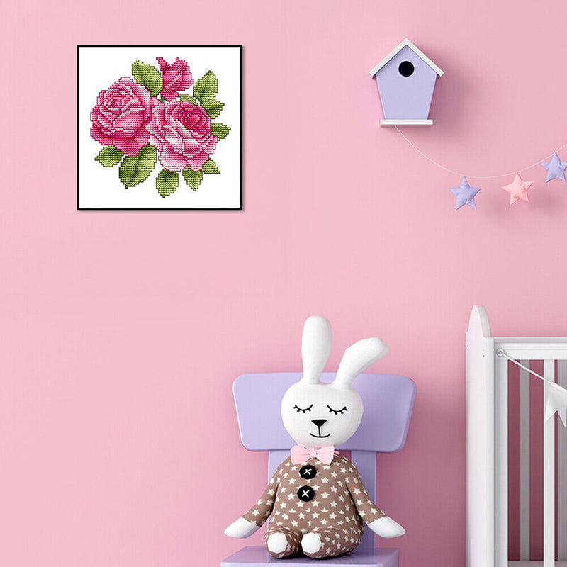 Counted Pink Rose Partial Embroidery 14CT DIY Cross Stitch Art Canvas Kit