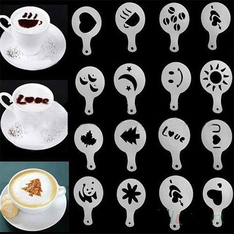 16 Coffee Machine Barista Stencils Template Strew Flowers Pad Duster Spray