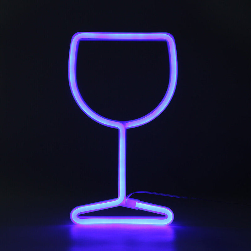 LED Neon Light Wine Glass Night Light USB Christmas Kids Room Decor (Blue) Newly