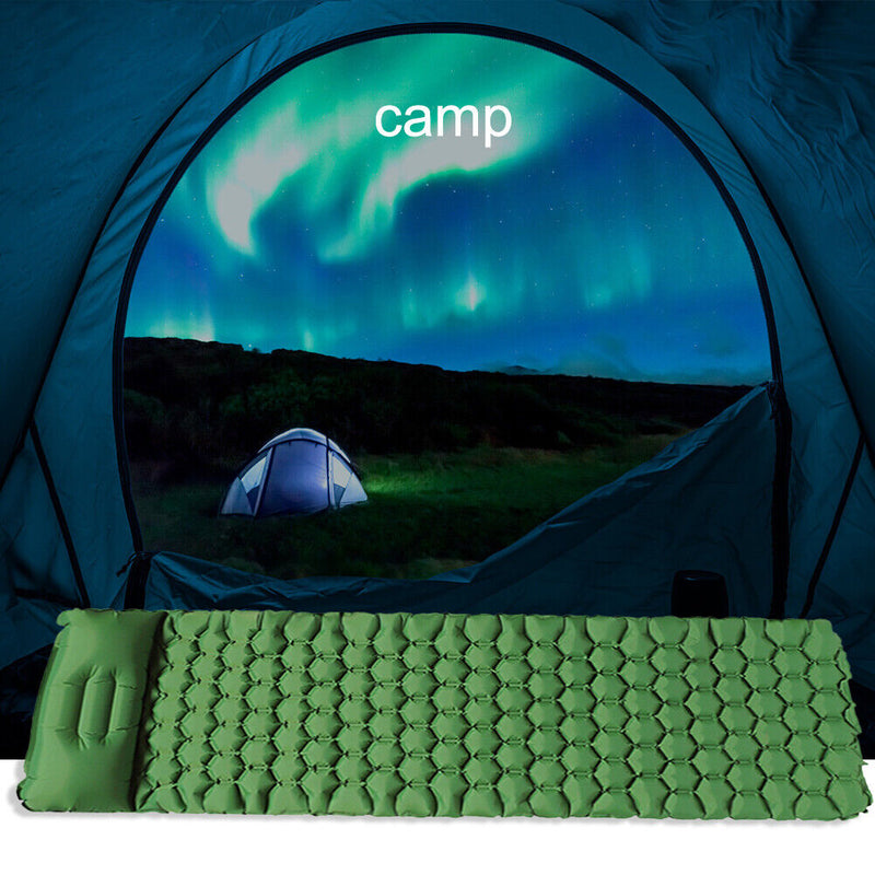 Camping Sleep Pad Inflatable Air Mattress Outdoor Beach Cushion (Green) Newly
