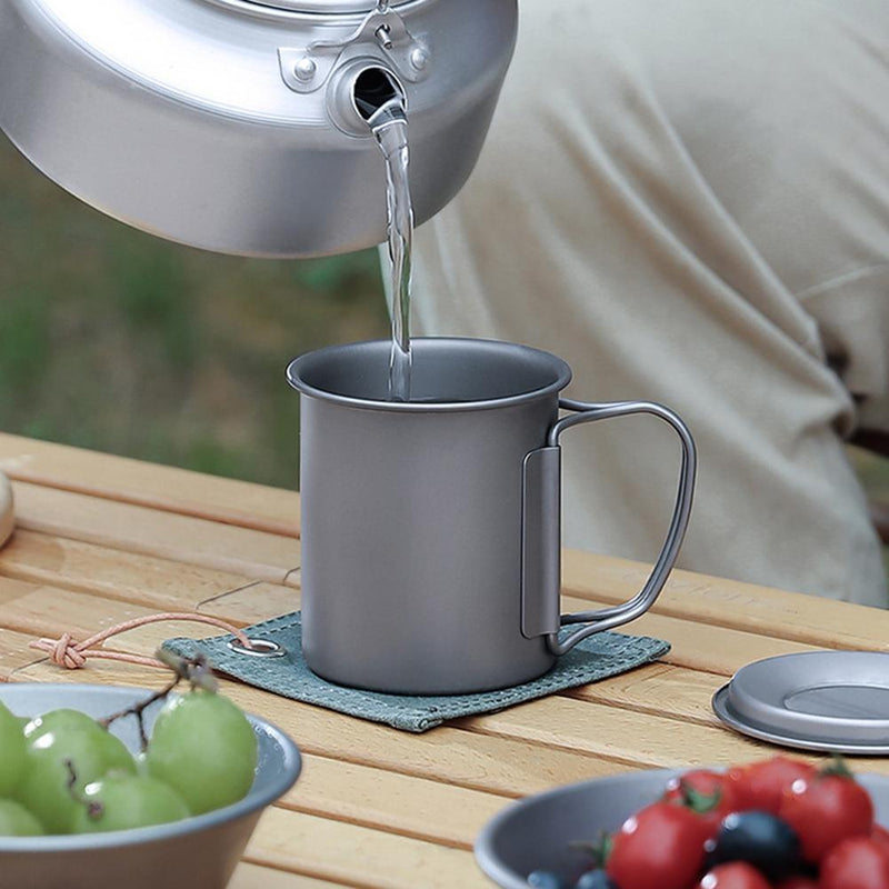 Ultralight Titanium Cup Folding Portable Outdoor Camping (L)+Titanium Spoon
