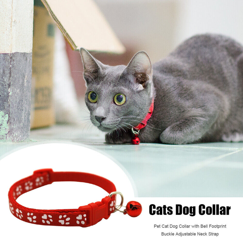 Pet Cat Dog Collar with Bell Footprint Buckle Adjustable Neck Strap (Red) Newly