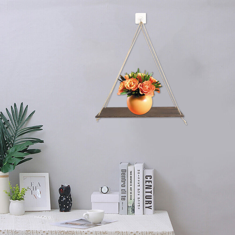 Wood Swing Hanging Rope Plant Pot Rack Indoor Outdoor Decor Shelves (B)