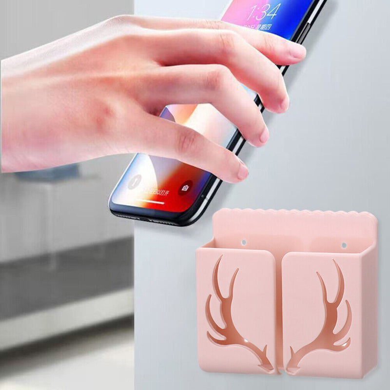 Phone Wall Mounted Holder with Plug Charging Sundries Organizer Box (Pink) Newly