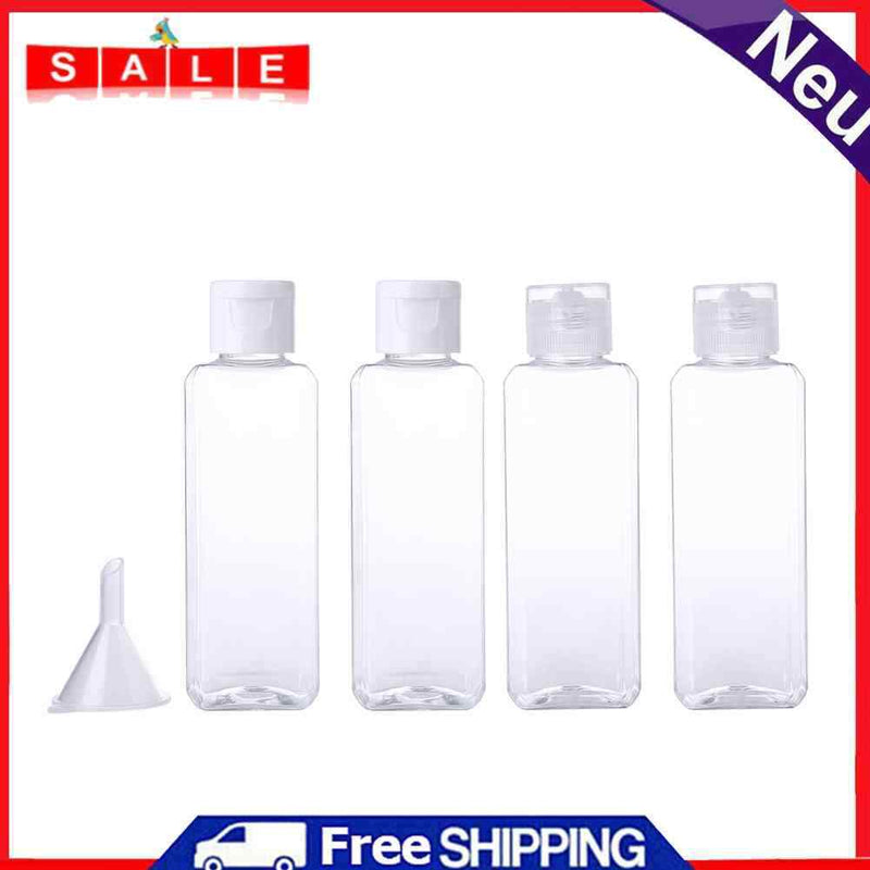 4pcs Travel Sub-Bottle 100ml Empty Plastic Flip Cap Split Bottles Funnel Set