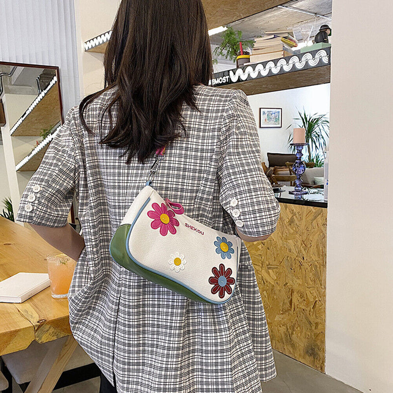 Fashion Women Flower Contrast Color Canvas Underarm Bag Casual Small Handbags
