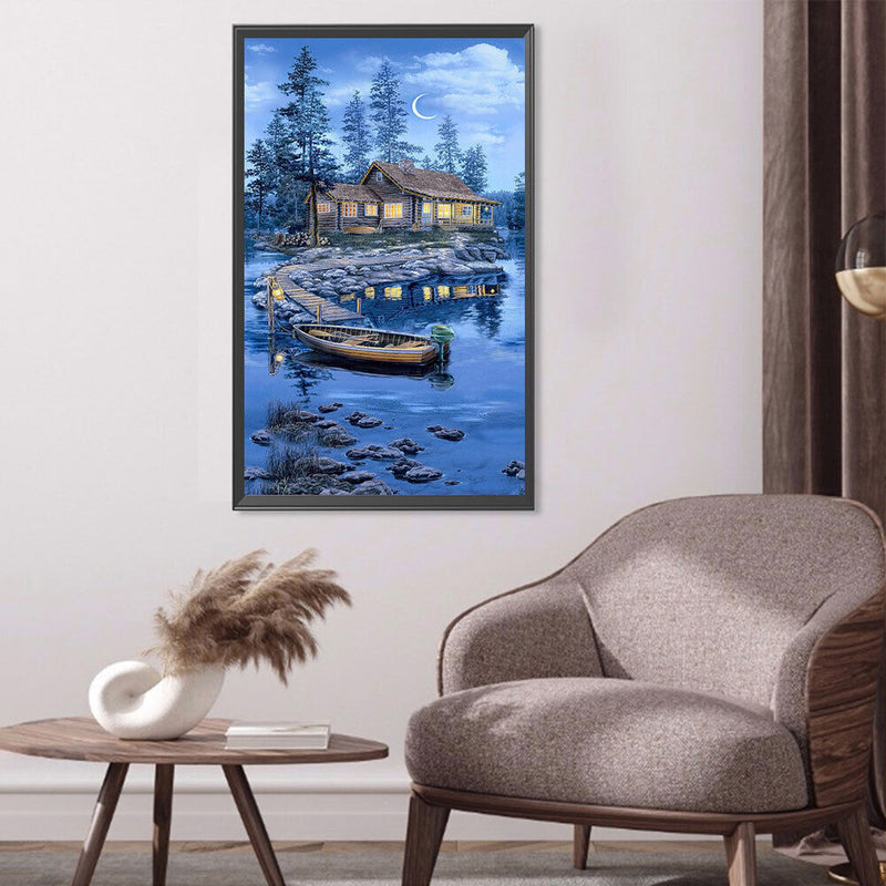 5D DIY Diamond Painting Crescent Lake House Kits Full Square Drill Wall Decor