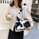 Women Plush Fur Animal Print Handbag Winter Small Underarm Bag (Cow)