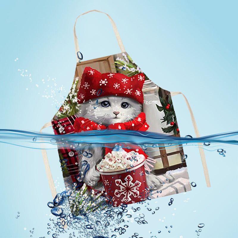 Portable Baking Painting Cooking Art Bib Apron Christmas Cat Printed Linen Ap