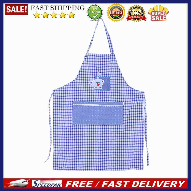Embroidered Plaid Cotton Apron Kitchen Dining-room Clothes Apron(Blue)-1744