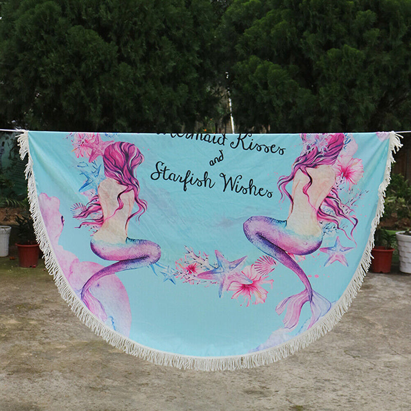 Flower Printed Beach Towel Round Tassel Ethnic Style Blanket Picnic Mat