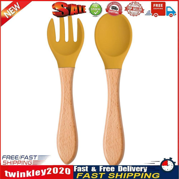 Baby Wooden Silicone Feeding Spoon Toddlers BPA-free Tableware (17) Newly