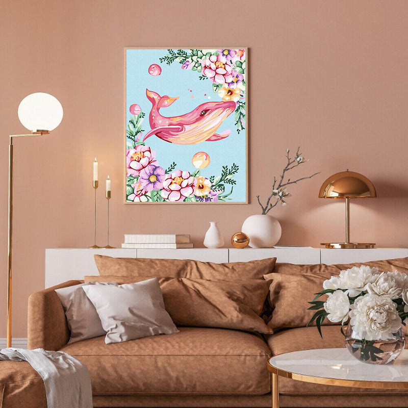 Handmade DIY Hand Painted Paint By Numbers Oil Canvas Pictures Pink Whale Kit