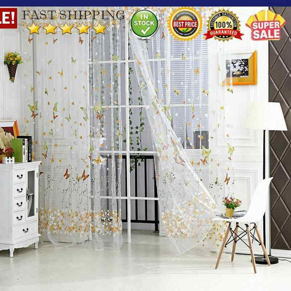 Butterfly Floral Tulle Voile Window Curtain Drape Panel (Green 100X270cm