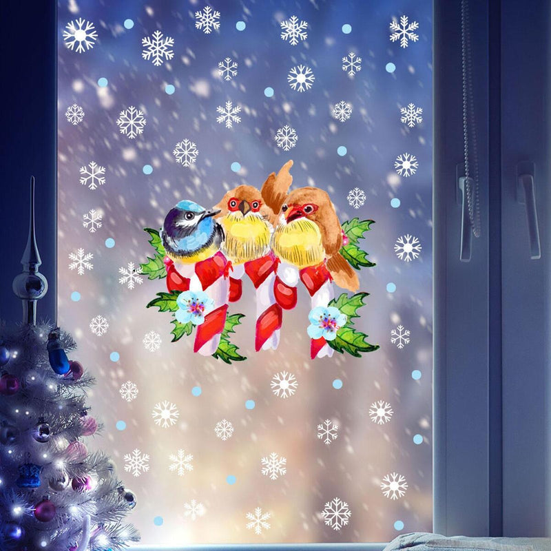 Christmas Cartoon Bird Snowflake Window Glass Stickers Home Mirror Stickers~