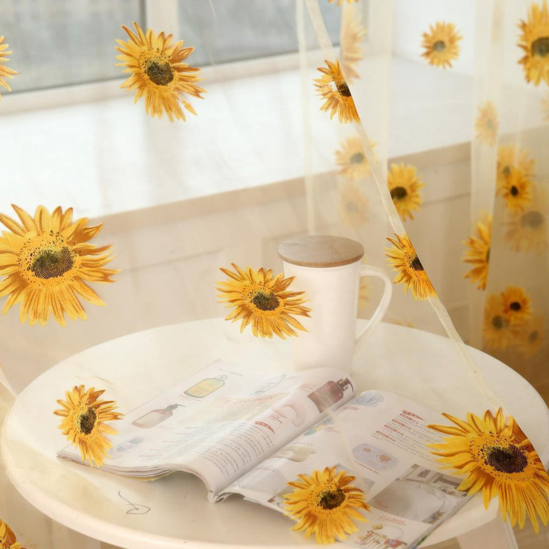 Sunflower Print Window Door Curtain Tulle Curtains for Living Room (Yellow)