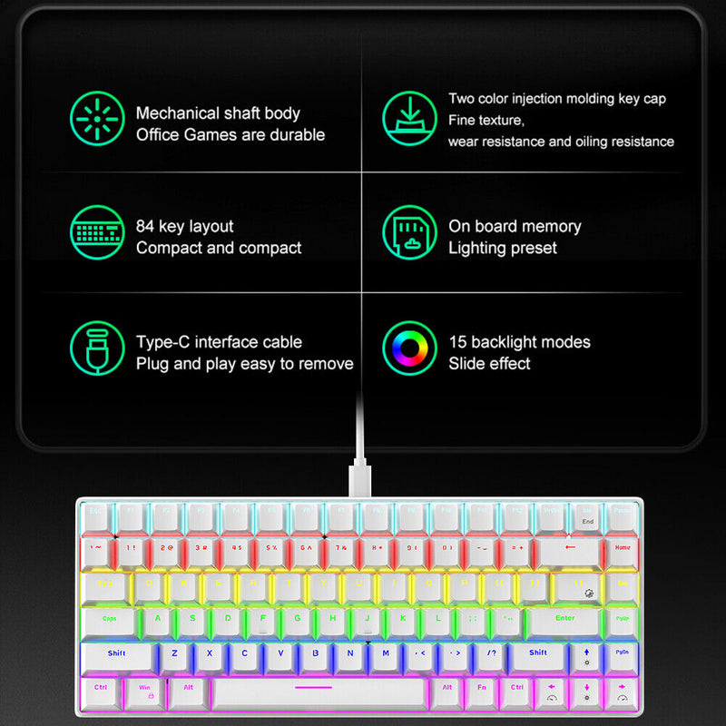 84 Keys Mechanical Gaming Keyboards Mini Wired for Gamer (Red Axis White)