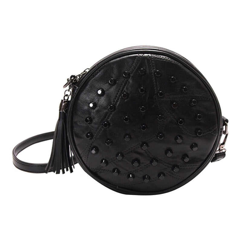 Women Sheepskin Rivet Cute Round Mini Shoulder Bag Crossbody Bag Black