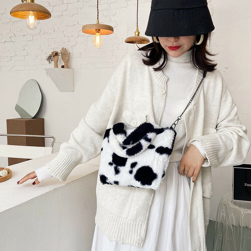 Plush Messenger Bag Women Winter Fashion Shoulder Fluffy Handbag (Black)