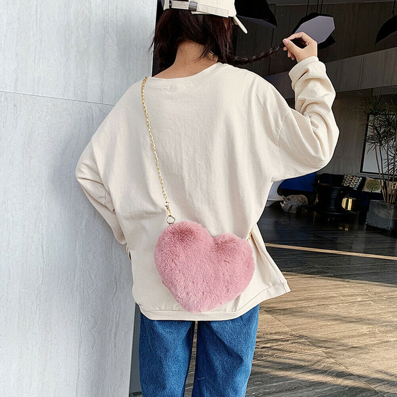 Heart Shape Messenger Bag Women Girl Plush Chain Shoulder Handbag (Bean)