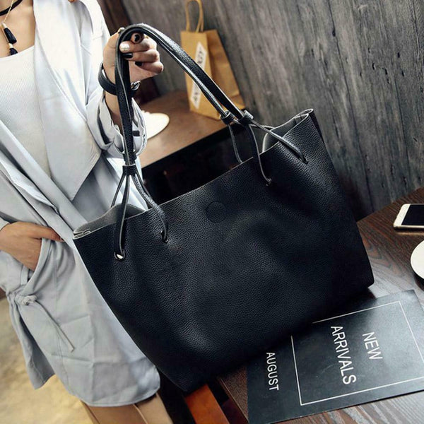 2pcs/set Women Handbag PU Clutch Sling Bag Shoulder Top-handle Bags (Black) A#S