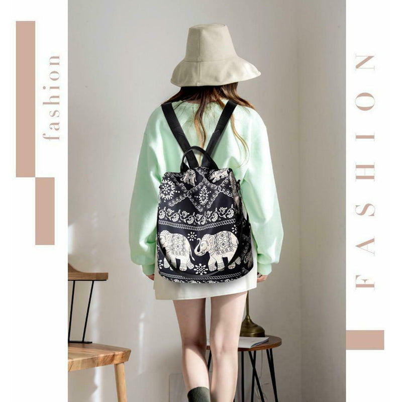 Multifunction Anti-Theft Backpack Oxford Print Lady Shoulder Bag (Elephant) SN9F