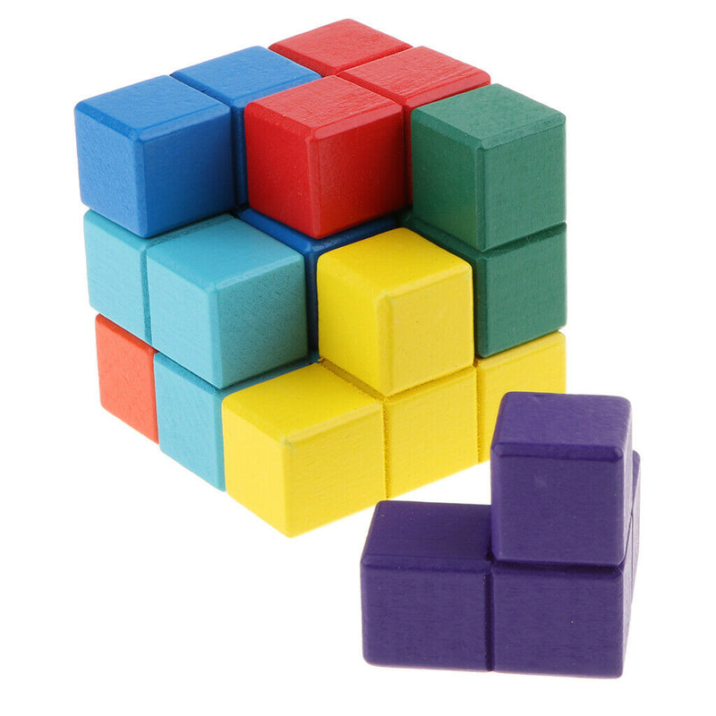 Soma Cube Wooden  Puzzle Box Stacking Blocks Games with 7 Colorful Bricks, 3x3