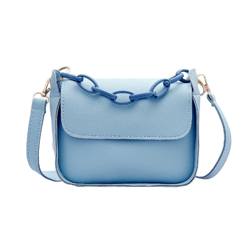 Solid PU Shoulder Bag Women Acrylic Chain Crossbody Small Handbag (Blue)