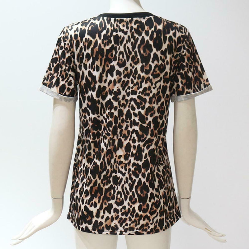 Chiffon Women T-Shirt Short Sleeve Leopard Fashion Summer Tops (M)
